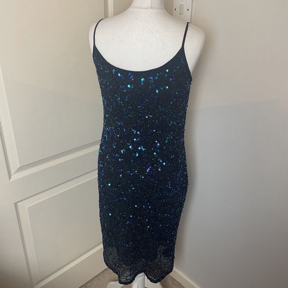 Y2K 00s George Size 12 Cowl Sequin Dress Green Black Festive Xmas - Picture 6 of 13